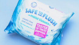 Close up of a package of flushable wipes.