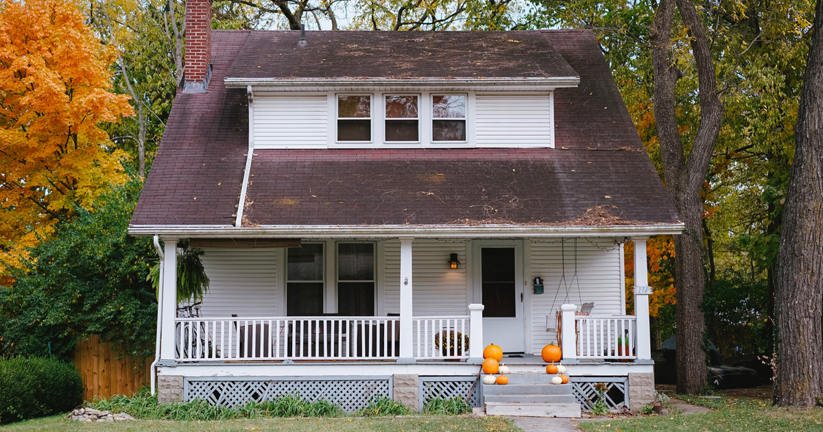 Small white house set in the trees with pumpkins on the front steps.