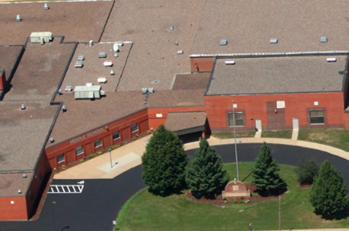 Aerial view of the Middle & High School in the Village of Boyceville, Wisconsin.